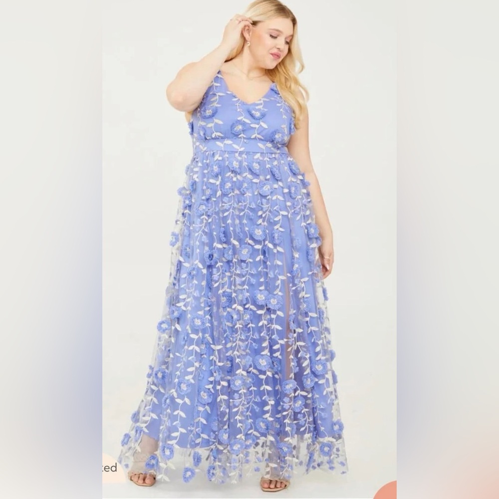 Arula Women’s Floral Mesh Embroidered Strappy Maxi Dress Periwinkle NWT Sz XL - Picture 2 of 8